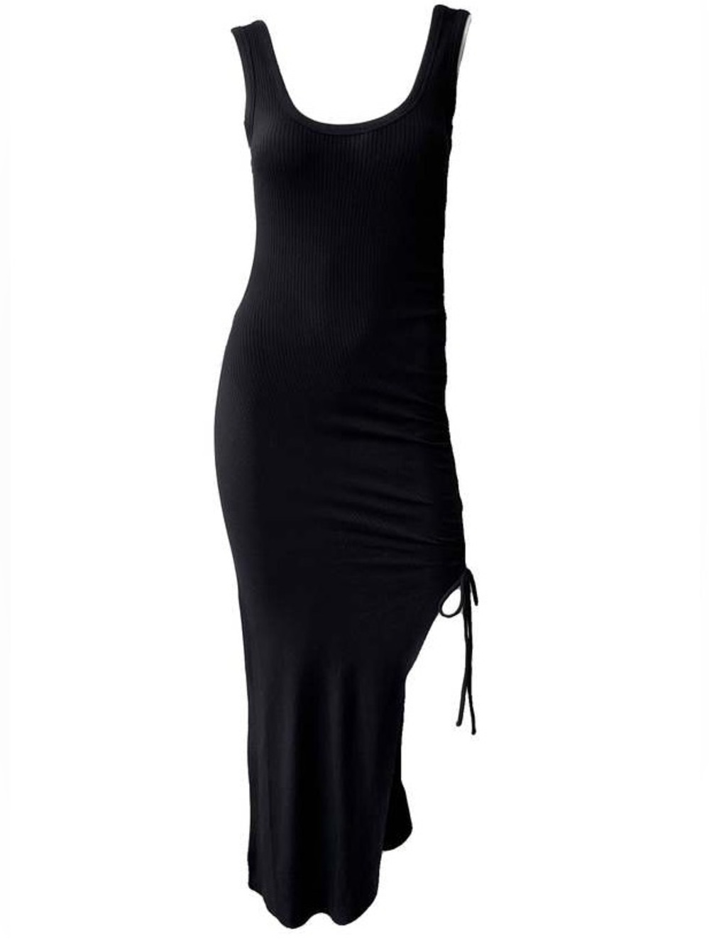 THE RANGE Black Tank Ribbed Knit Alloy Rib Cinched Midi Side-Tie Maxi Dress Sm